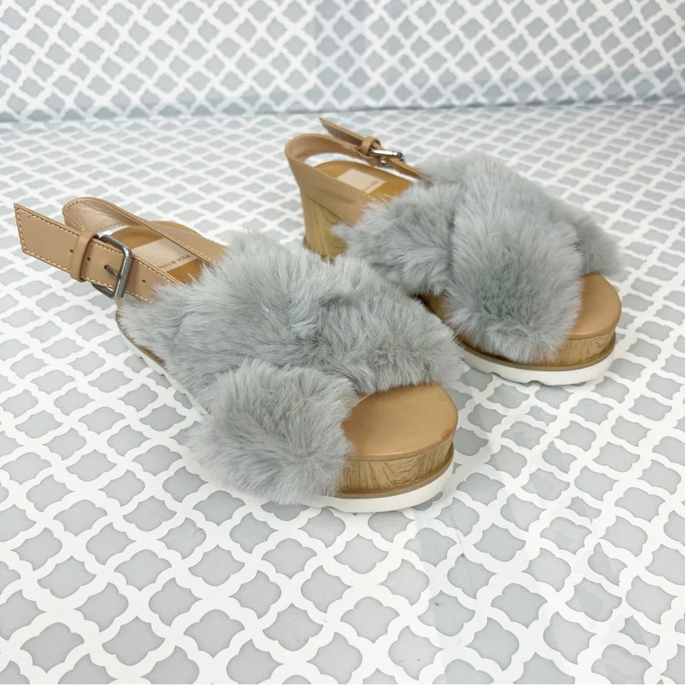 NWOB Dolce Vita Grey Faux Fur Ankle Strap Wedge Sandal